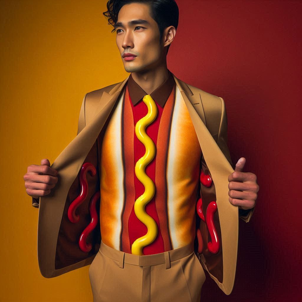 Man wearing hot dog food business suit