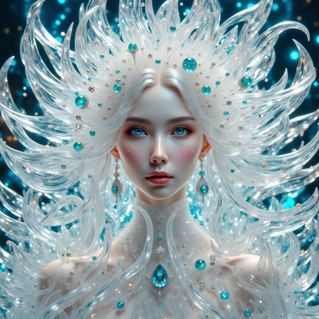 <lora:Crystal Glass Flux:1.0> Stunning woman made of transparent white crystal, covered in shining jewels, sea-colored eyes, precious stones...