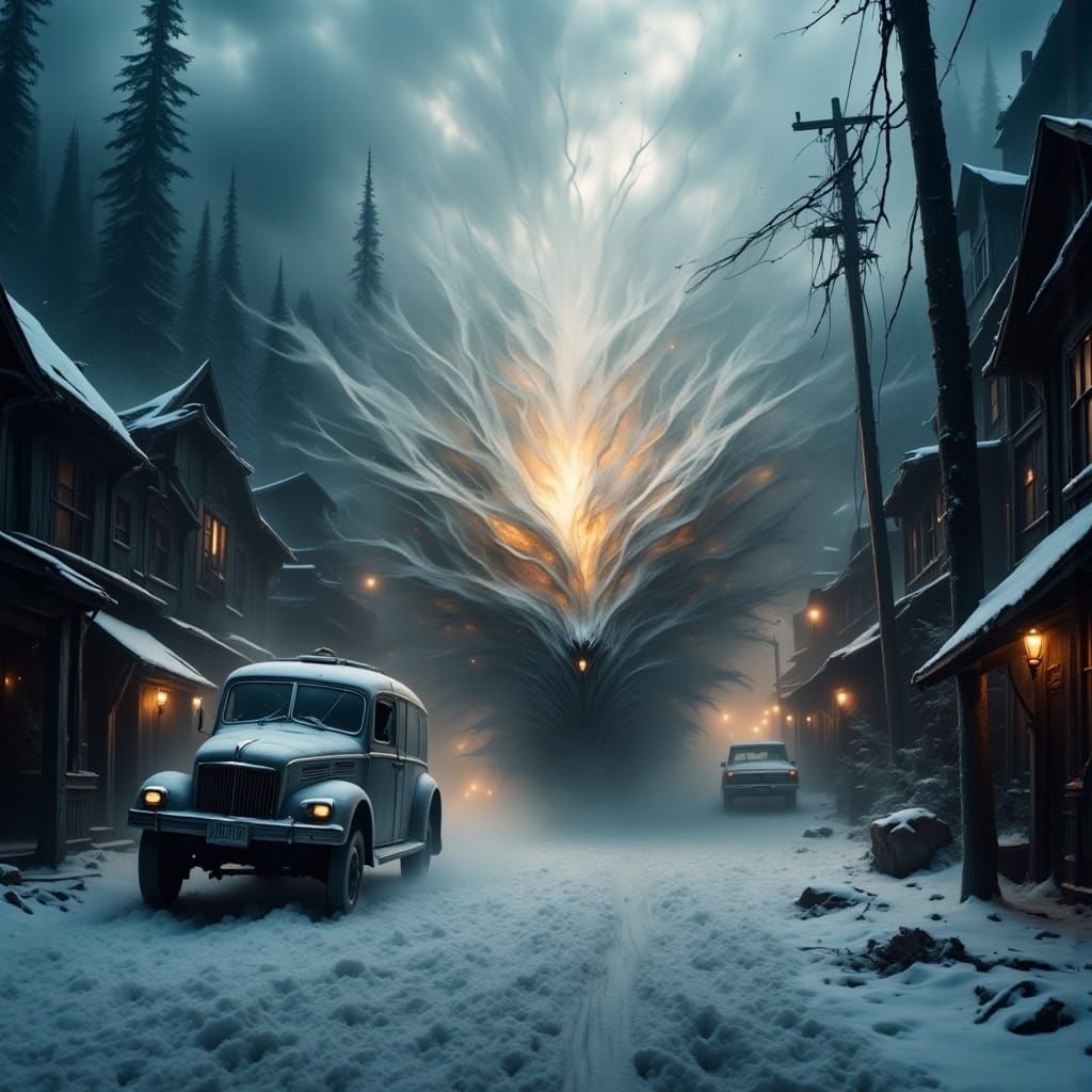 <lora:Giggity Giggity:1.0> Dark Magical Realism. Close-up medium shot. A swirling snow blizzard vortex forms an evil Jack Frost in a mystica...