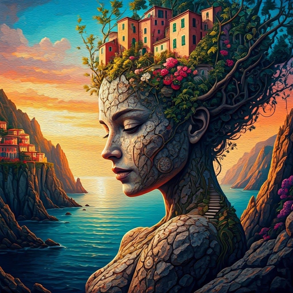 Surrealist Goddess Emerges from Cinque Terre Landscape