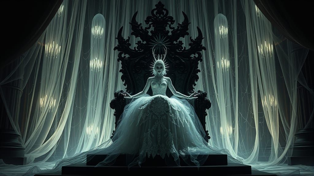 A delicate, ethereal gown woven entirely from shimmering spider silk