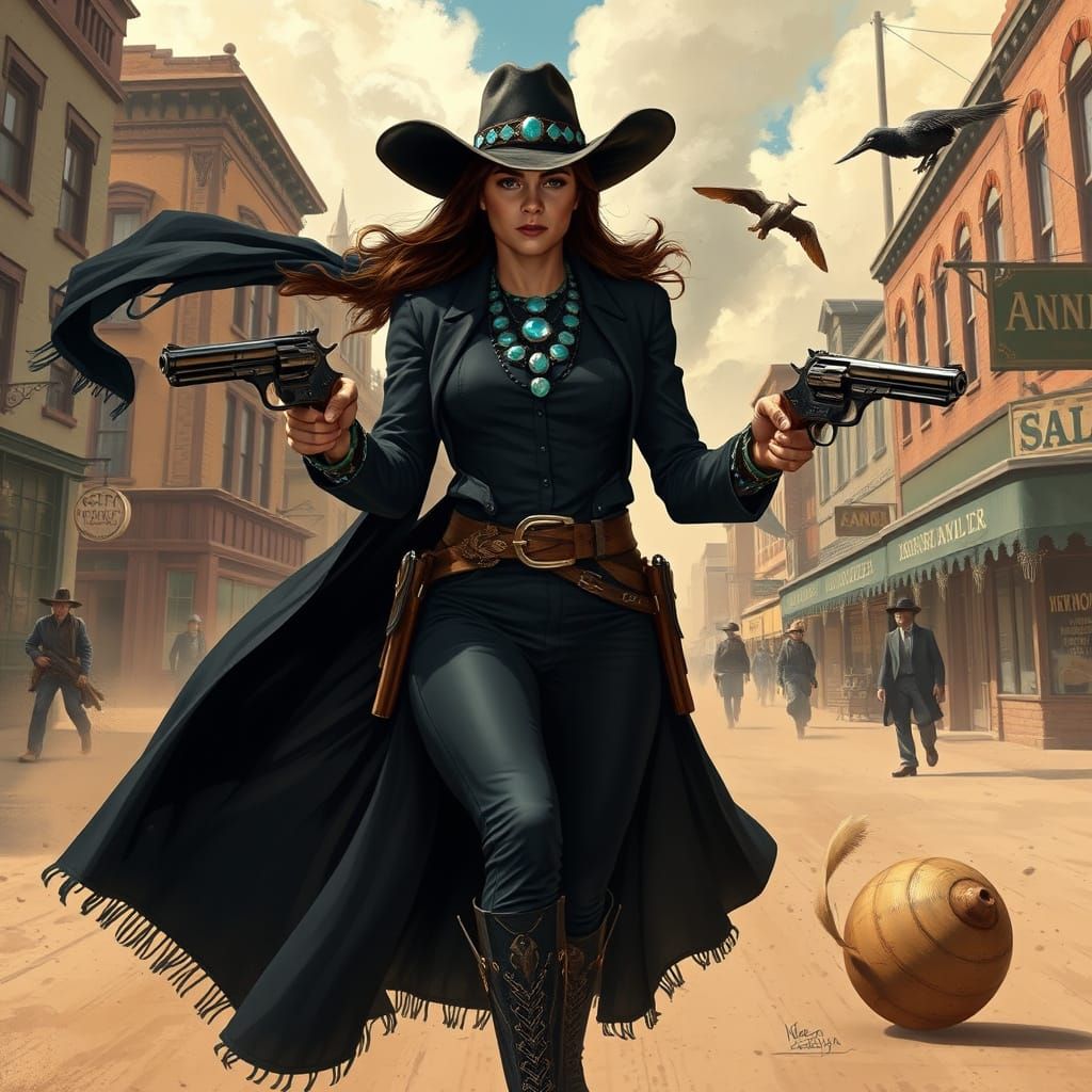 Annie Quintanna, The Hero in Black with an intense expression on her face, strides down a dusty Old West city street, black long duster blow...