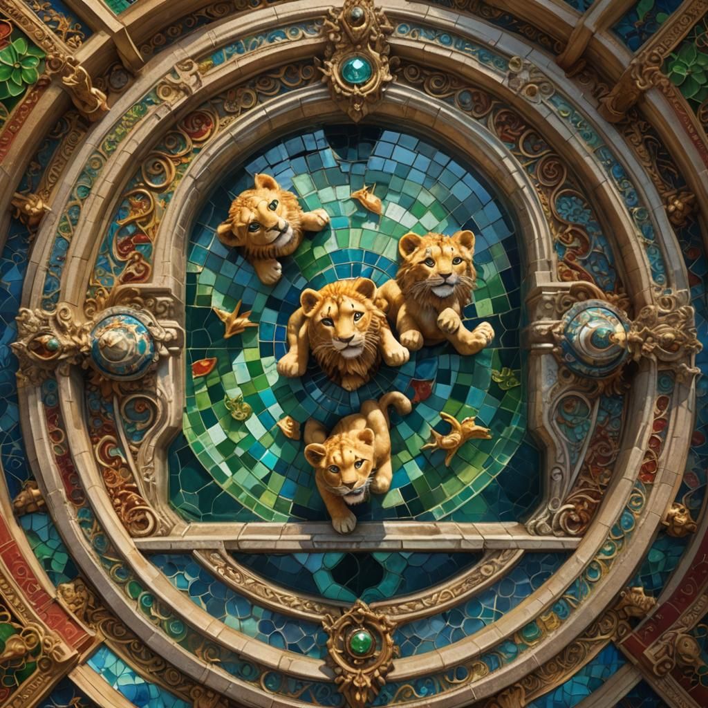 Lion Cubs Playing in Ornate Palace Pool