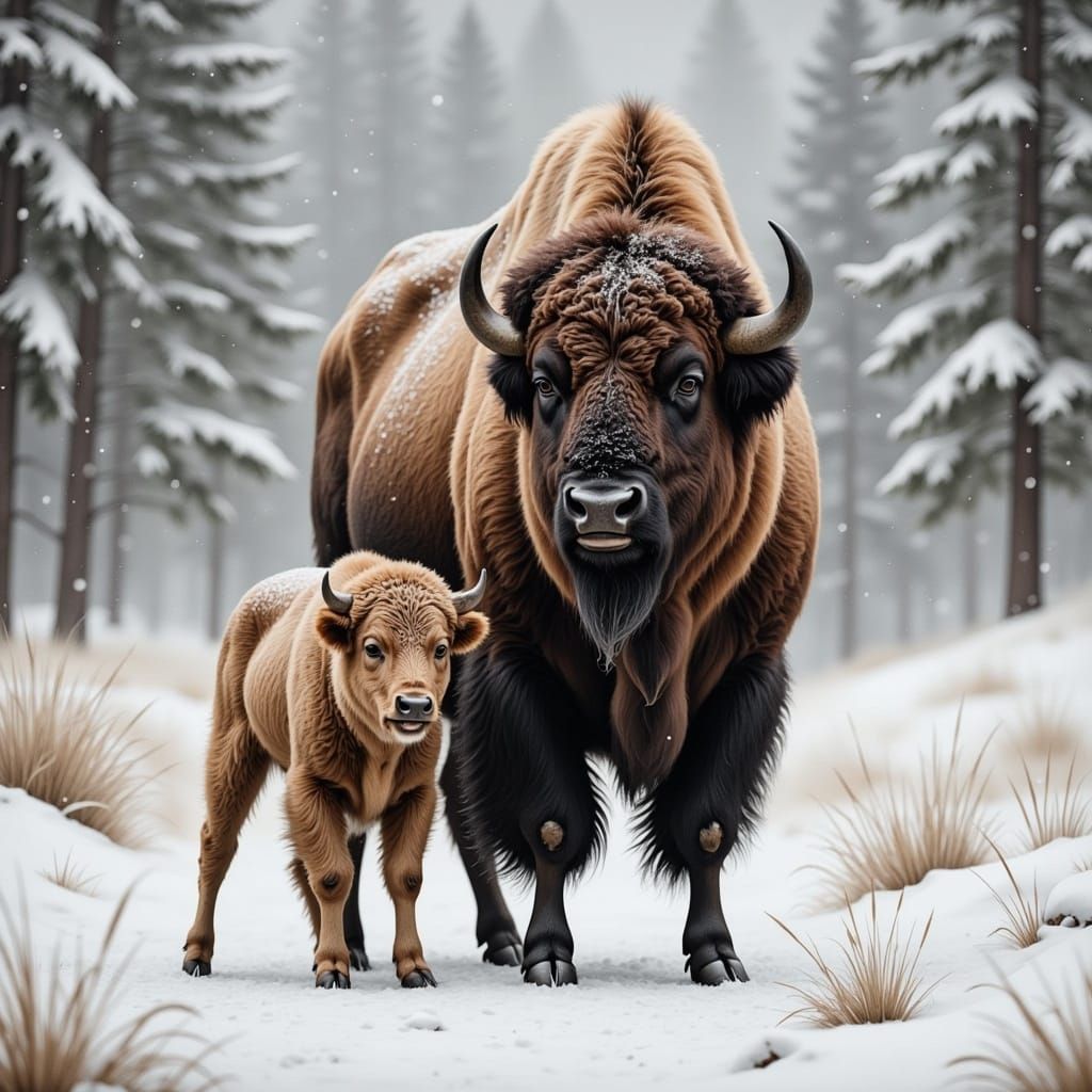  <lora:sMOre Flux:1.0> A bison standing protectively by its calf in a snowstorm