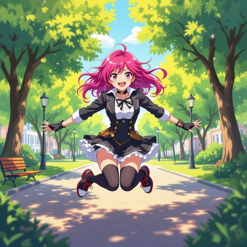 Energetic Woman Jumps in City Park in Anime Style
