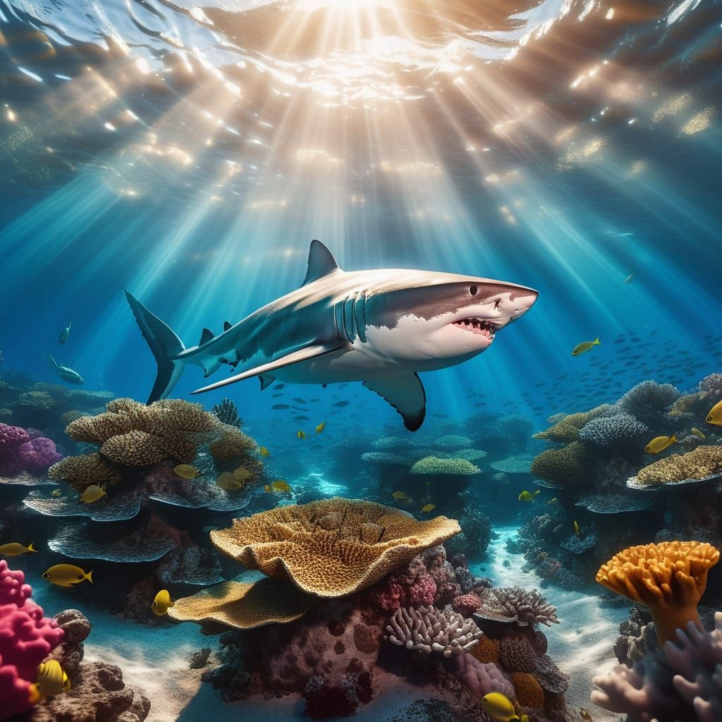 A great white shark over a  beautiful coral reef. Wide angle. Photo realistic. Glowing coral. Sparkling ...  by @artsyincali