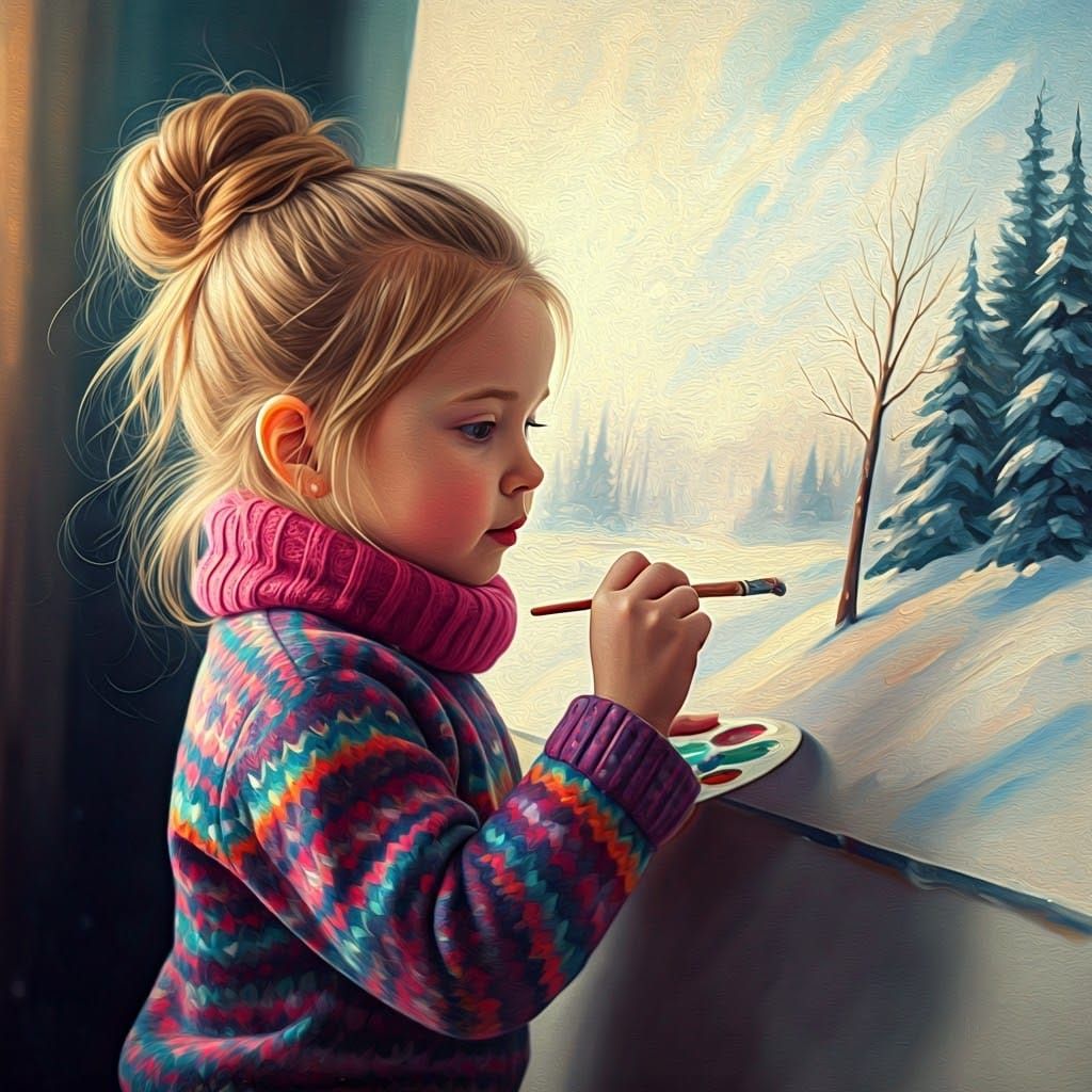 Dreamy Impressionist Painting of Young Girl's Winter Scene