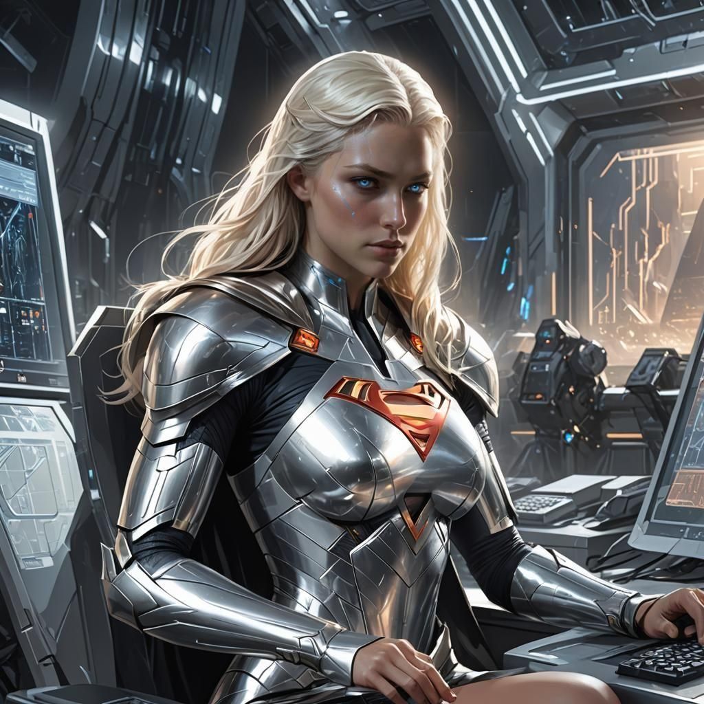 Concept art. Medium shot. Platinum blonde Supergirl with long hair with athletic muscles wearing a silver outfit with a larger silver cape s...