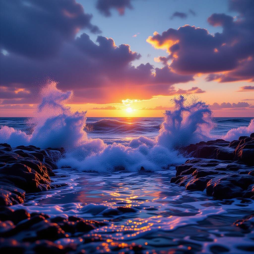 Dramatic Ocean Waves Crashing on Rocks at Sunset