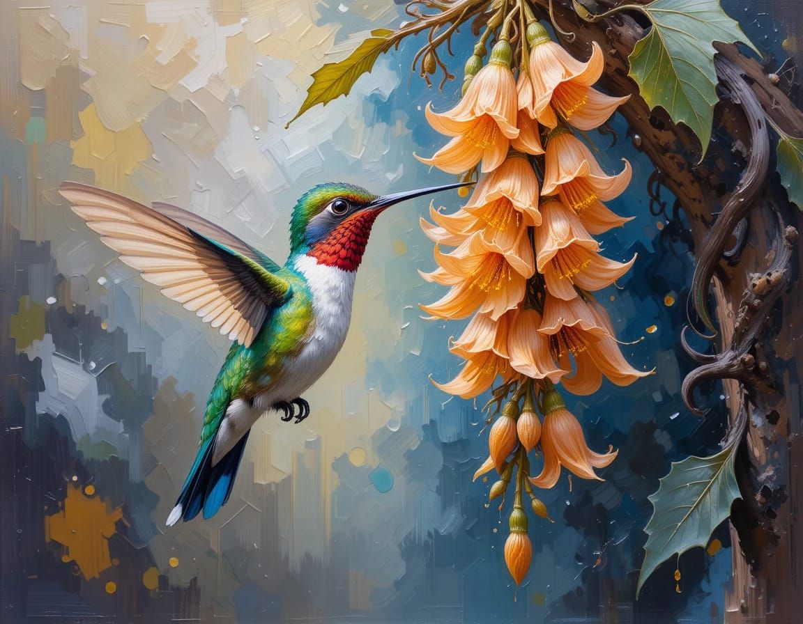 Hummingbird feasting on a cluster of golden shower flowers