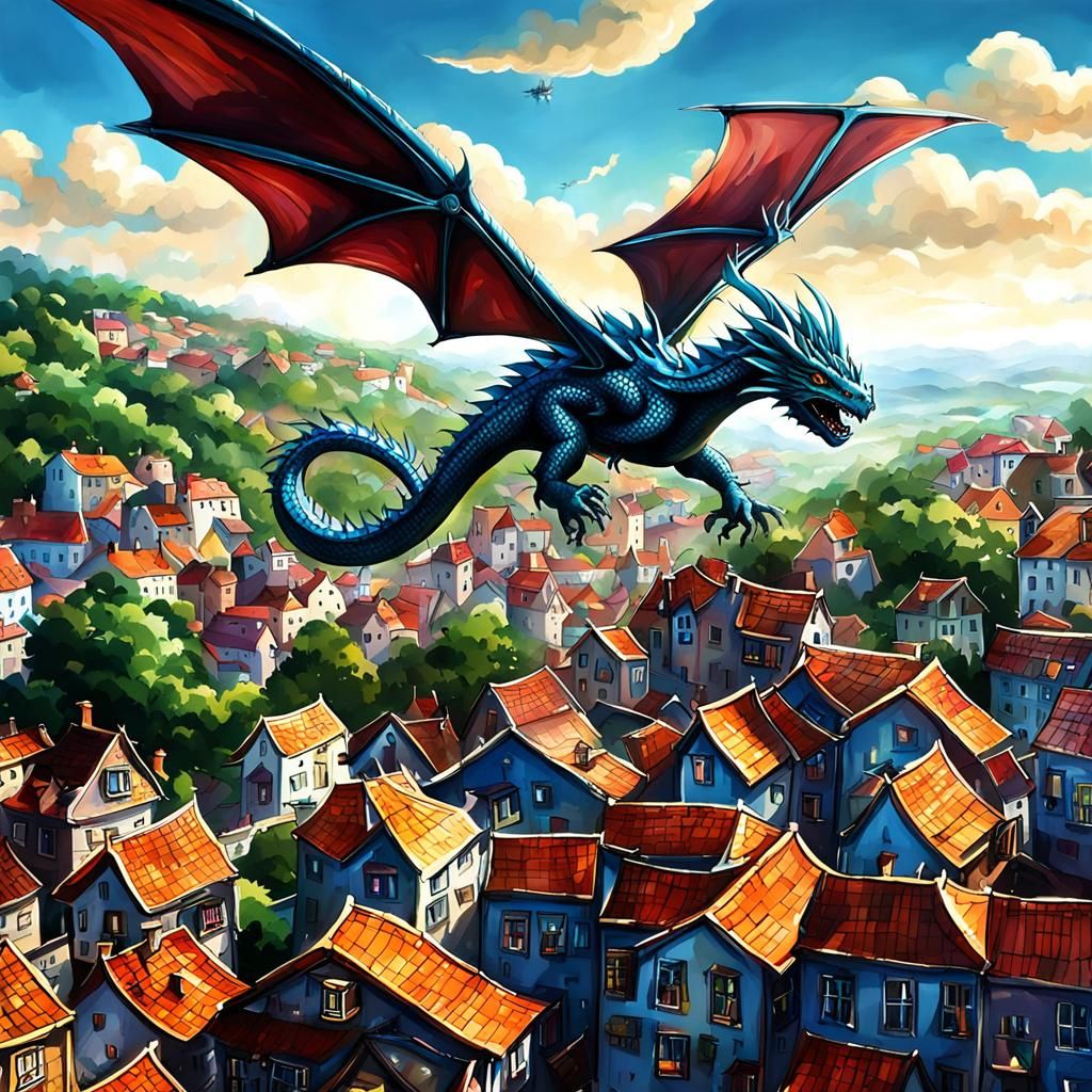 Dragon Soaring Over Town with Sense of Speed