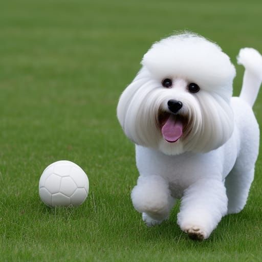 bichon havanese dog plays with the ball on the sunny meadow