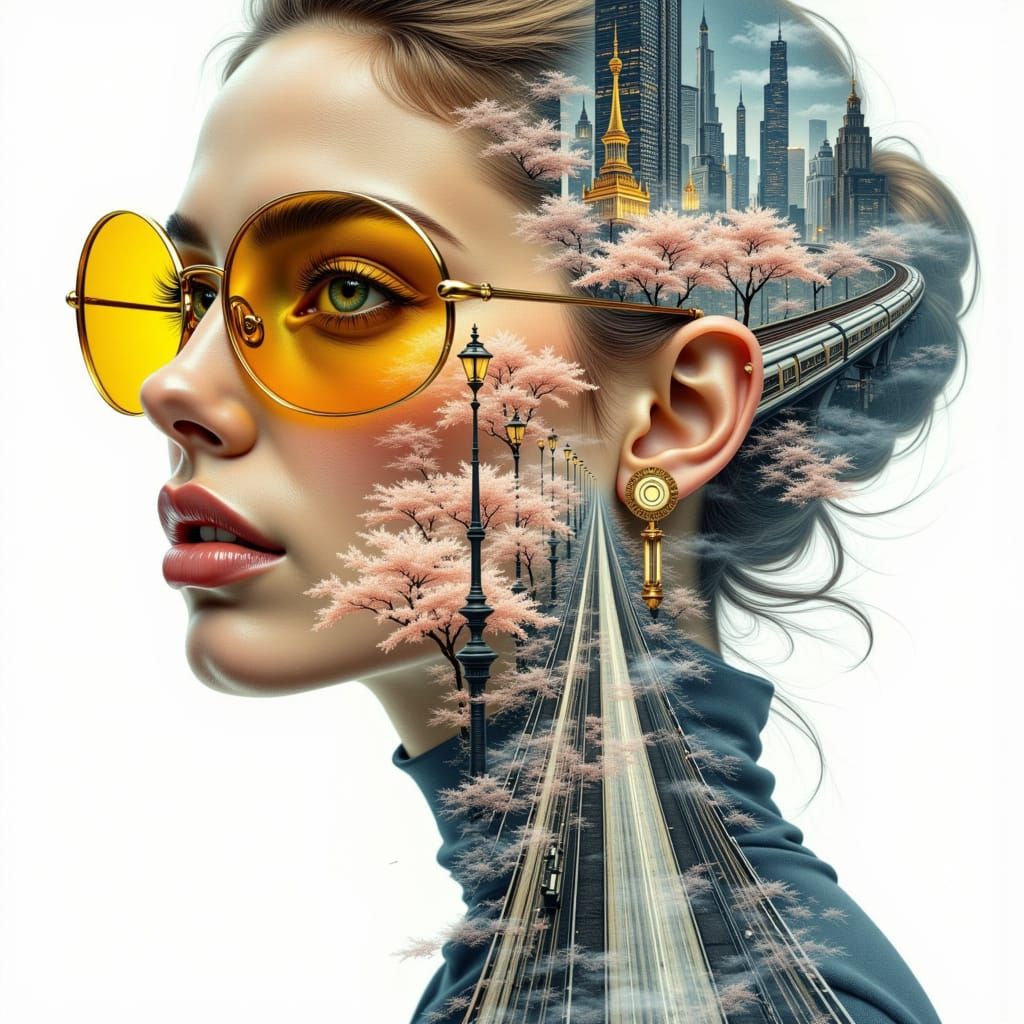 <lora:LS Double Exposure:1.0> breathtaking double-exposure watercolor artwork featuring a futuristic woman with pale skin, sharp features, a...