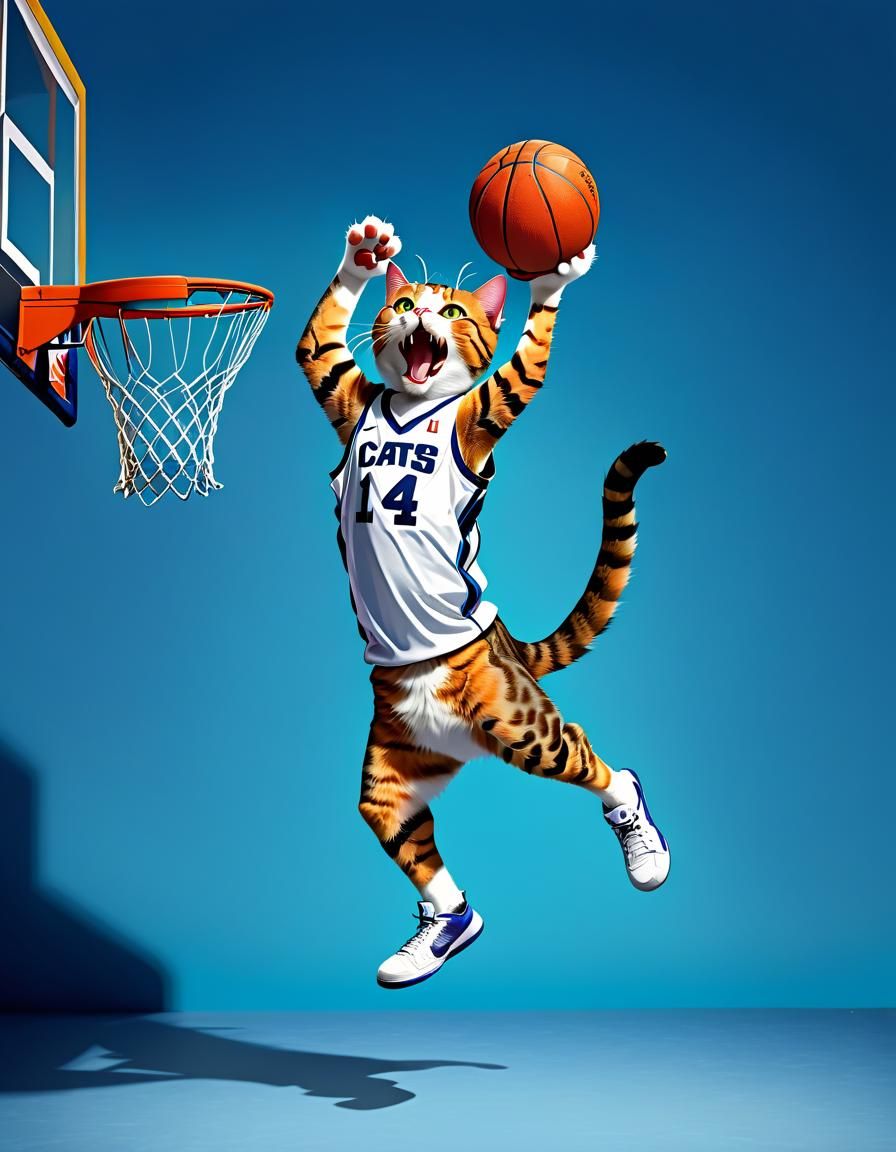 A Cat slam dunking a basketball in a basketball game of cats