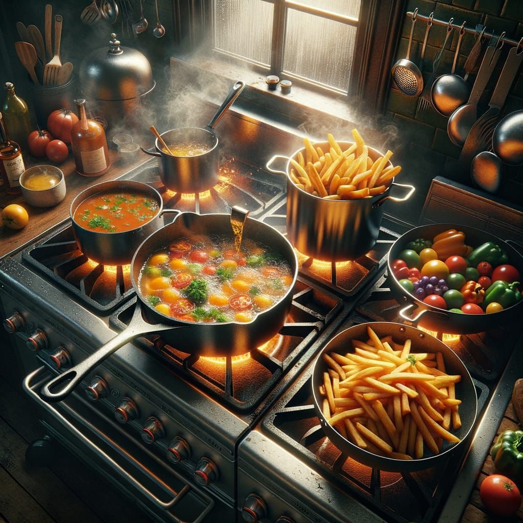 Aerial perspective of pots and pans on the stove