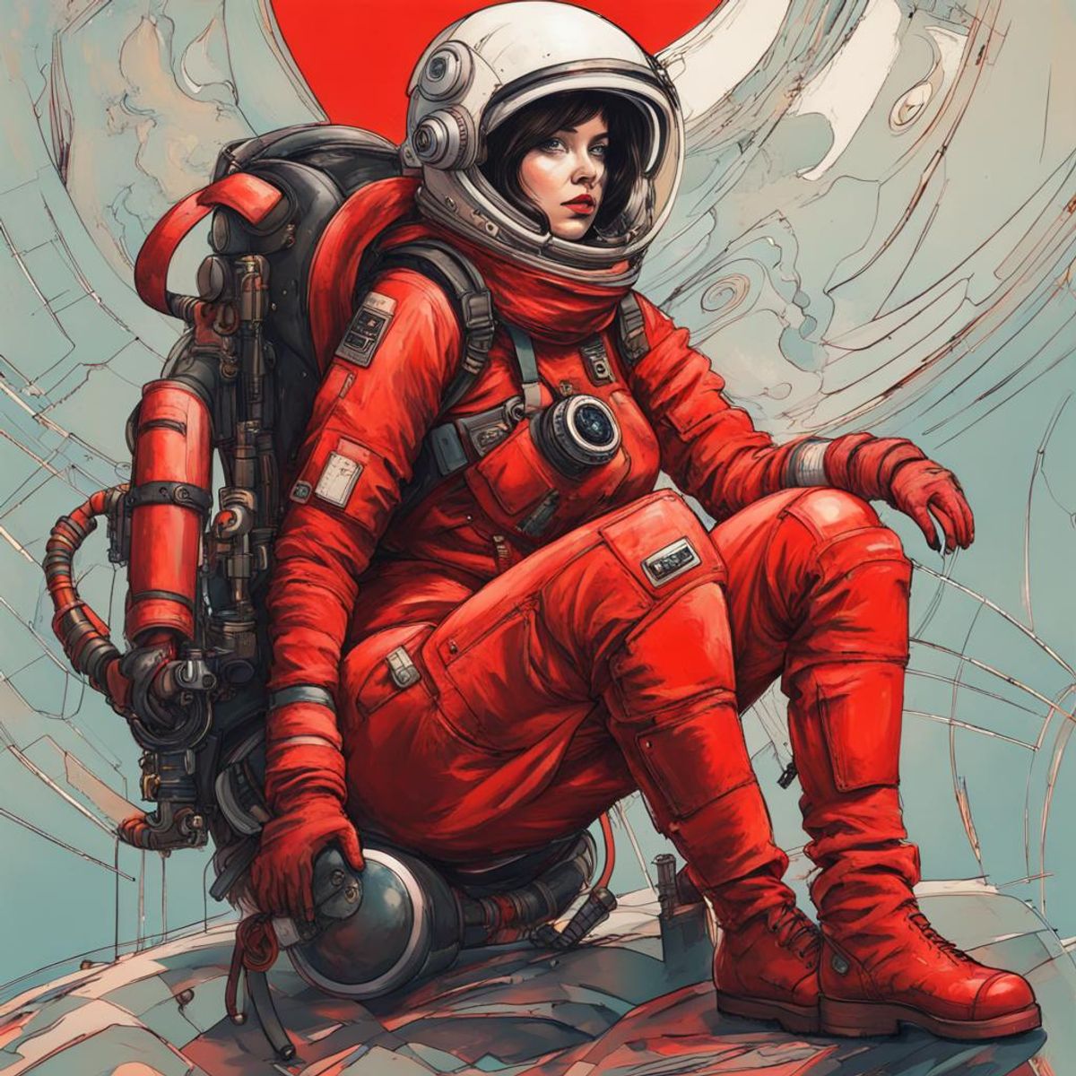 Full body female in red space suit with black boots. She is holding her