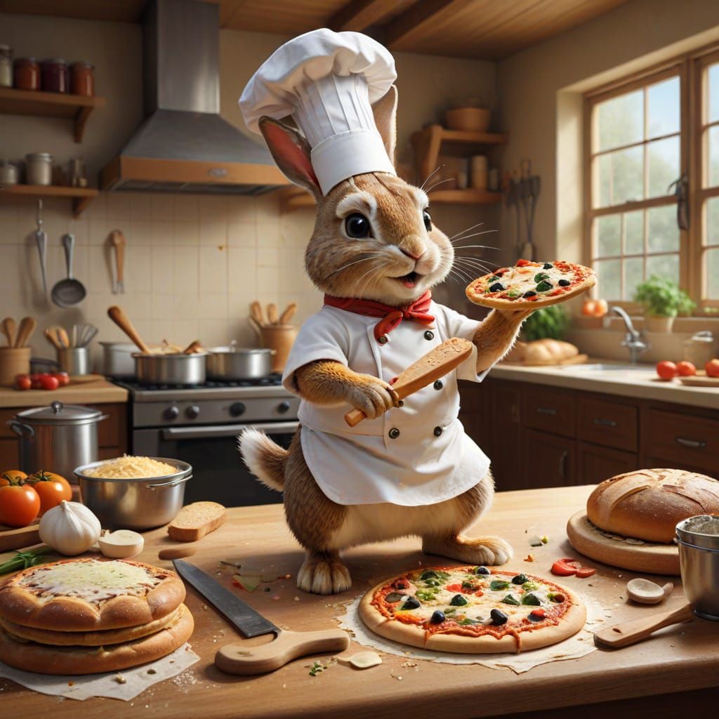 Pizza Chef Rabbit Made of Bread Toppings