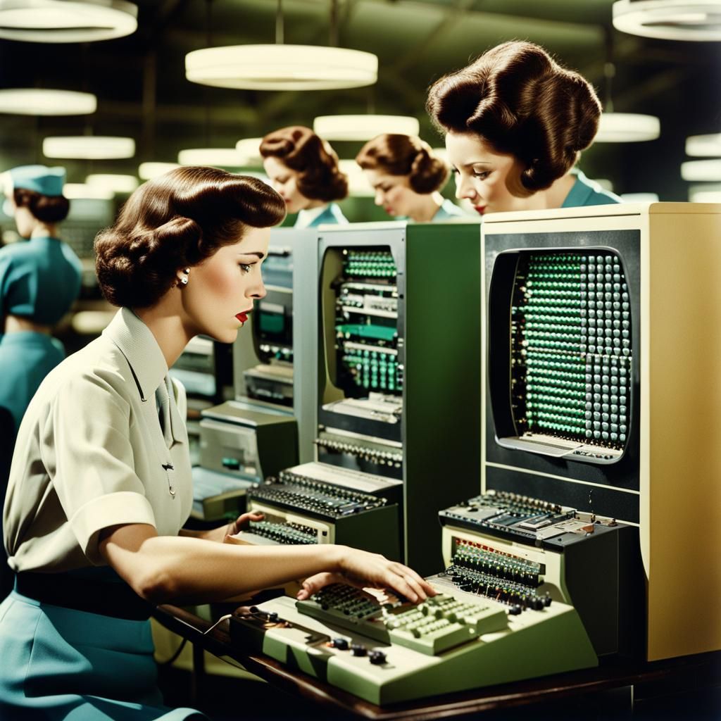 vintage photograph colorized, women working on retro computer, punch card programming, large electronics, ...  by @Neya Pey