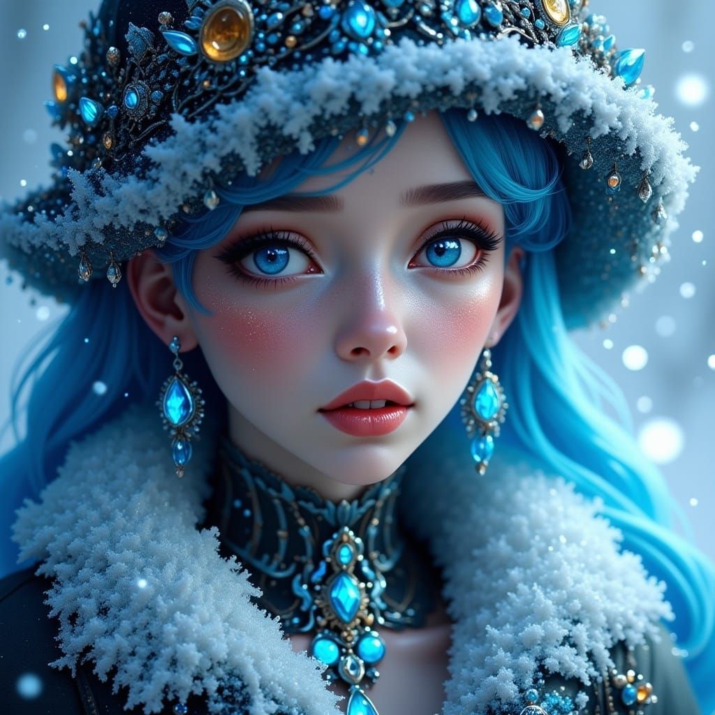 <lora:EthierUnreal Fx:1.0>, Portraiture of ethereal frost snow-covered woman, auroral luminescence infused in delicate facial features, perf...
