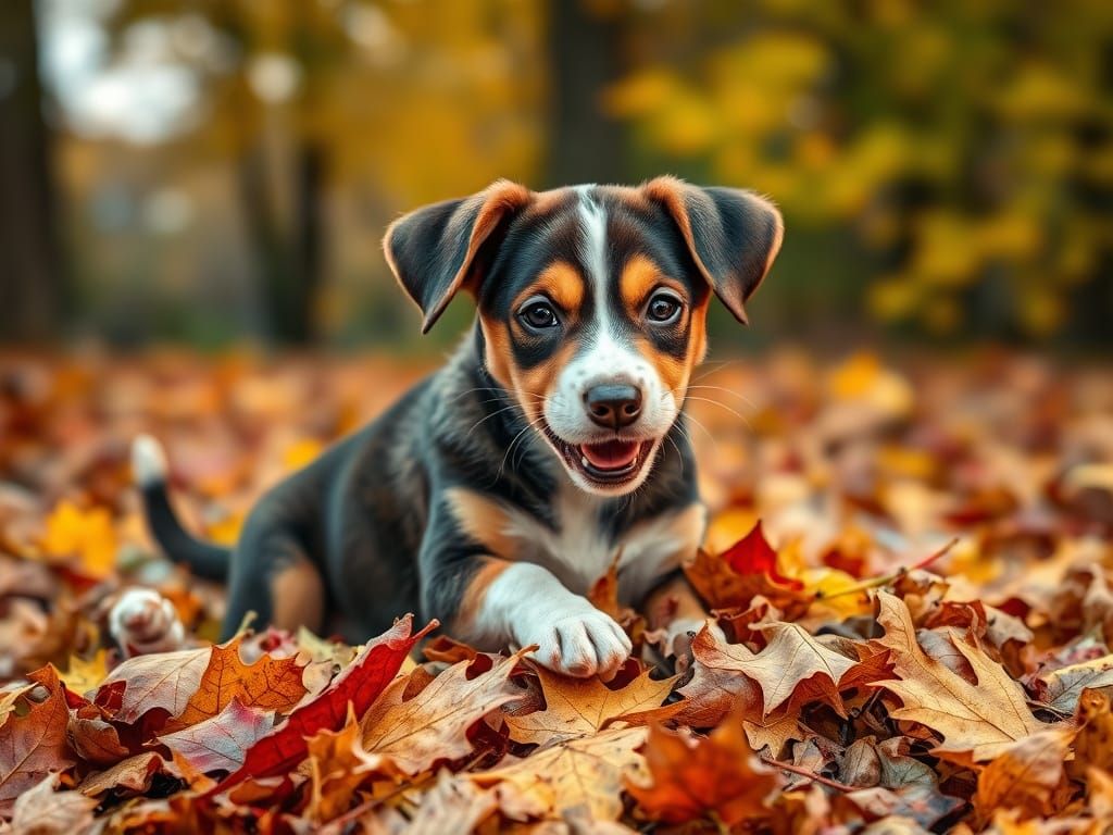 Adorable catahoula puppy playing in the pile of autumn colored leaves on a cool october afternoon , playful ...  by @  debster