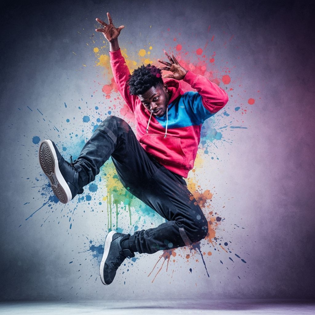  A dark-skinned breakdancer in mid-air, frozen in a dynamic pose, surrounded by a vibrant explosion of watercolor paint. Medium shot. Expres...
