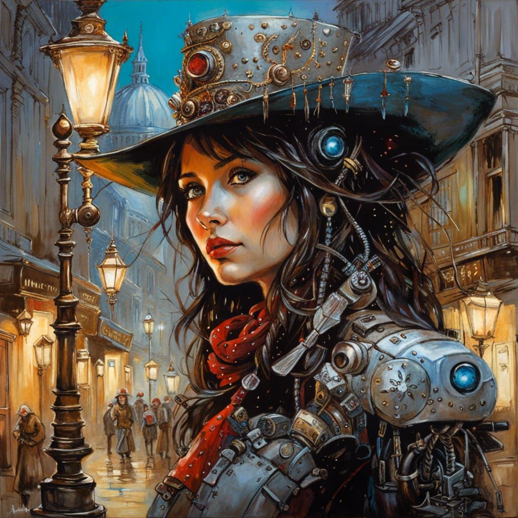 Cowgirl and Robot in Dark Fantasy French Street