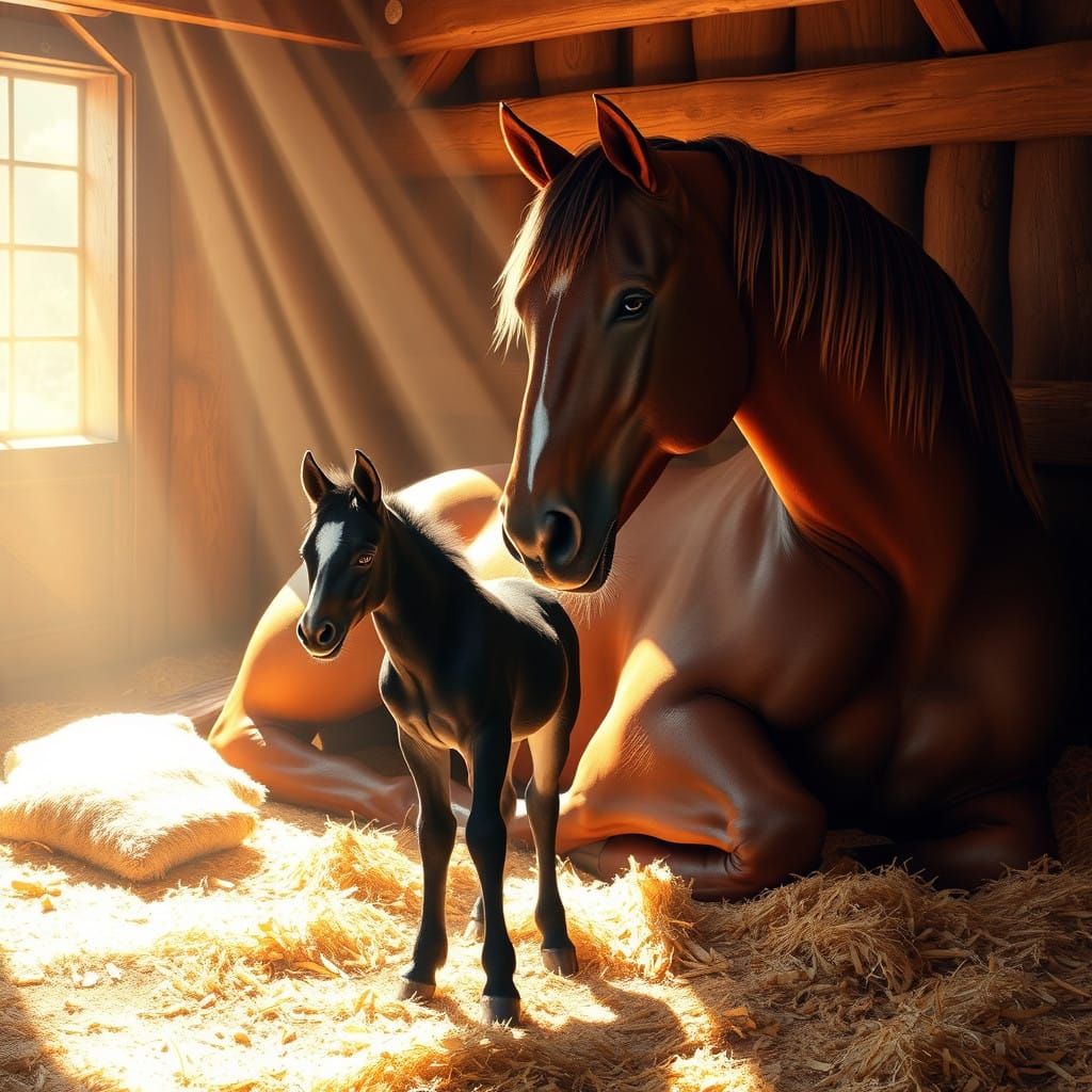 Majestic Mare and Foal in Golden Stable