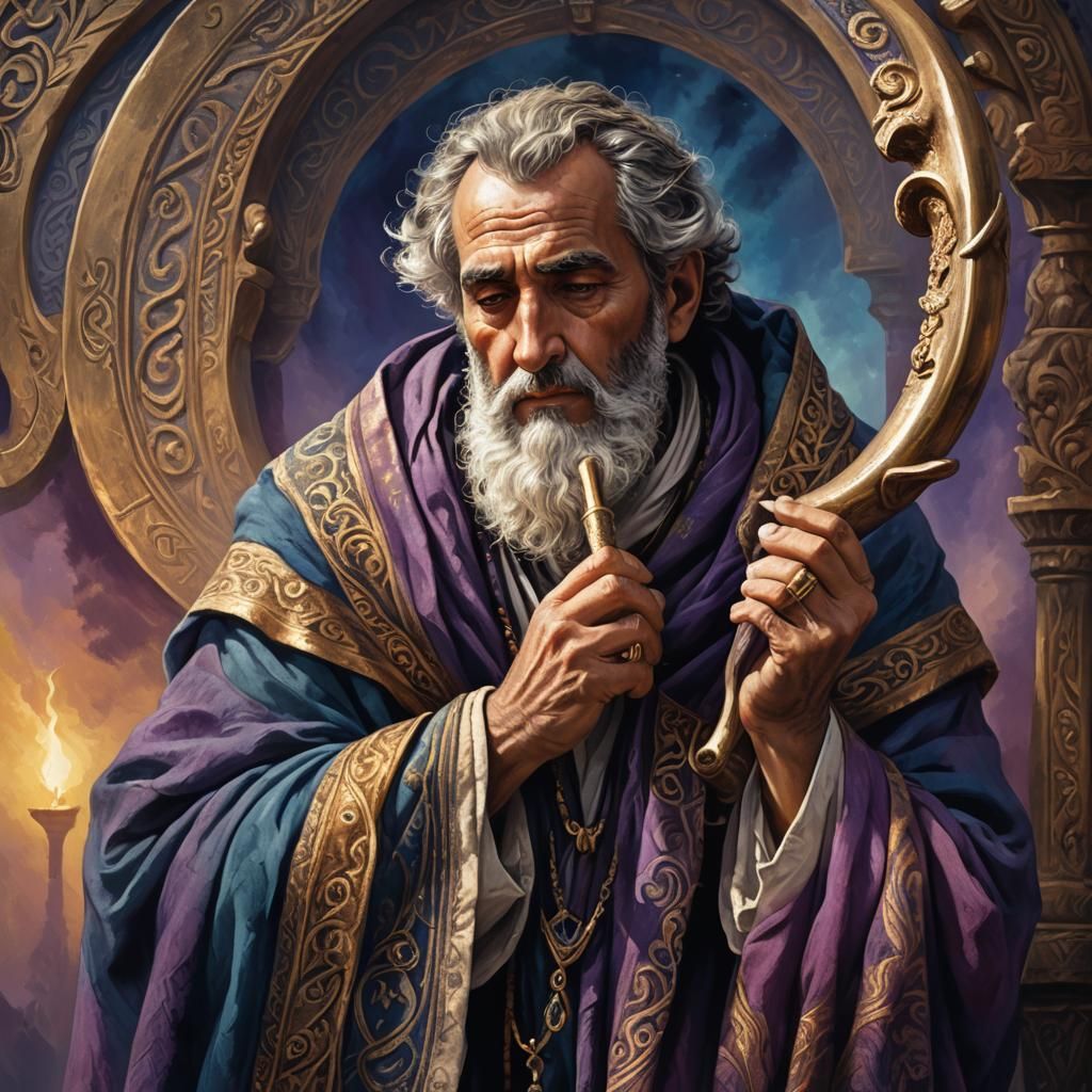 Man with Shofar in Vibrant Fantasy Art Style