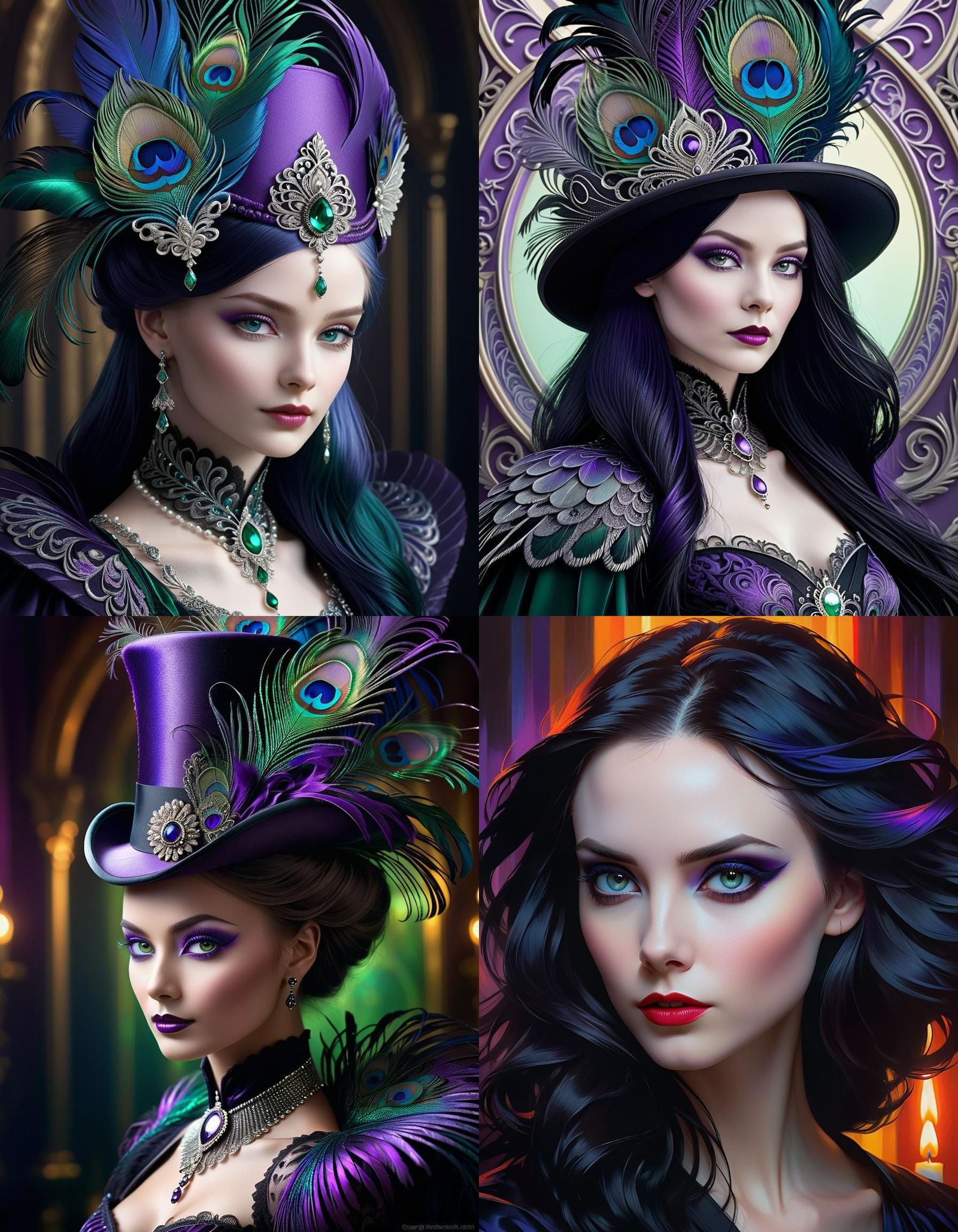 A Gothic beauty wearing an (Intricately ornate gothic top hat lightly trimmed with silver filigree, a majestic peacock f...