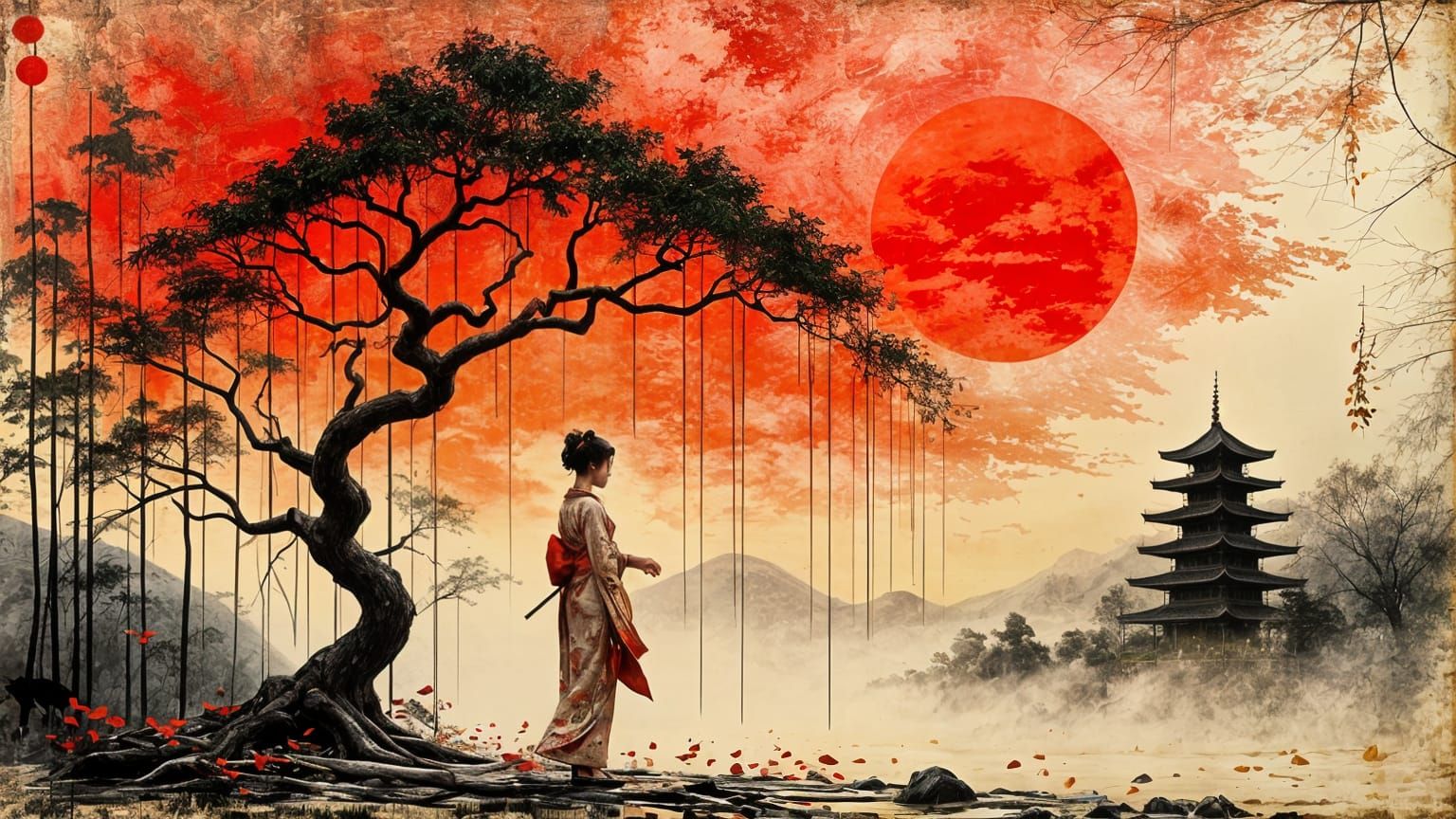 Geisha Walks Under Willow Tree in Japanese Garden