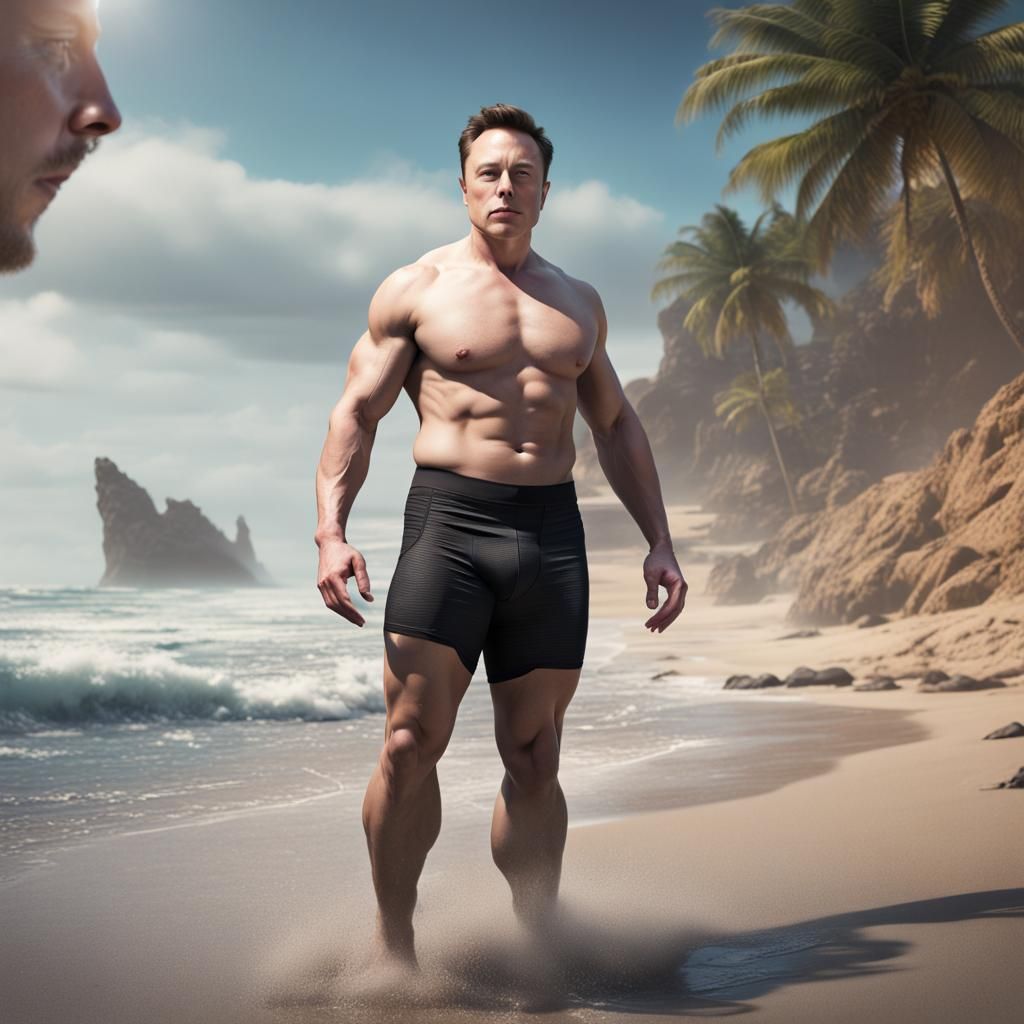 Elon musk very muscular abs smooth with a big bulge in underwear on the