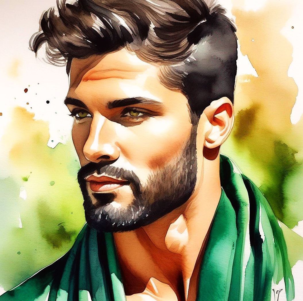 Acute man wearing a   green  bathrobe