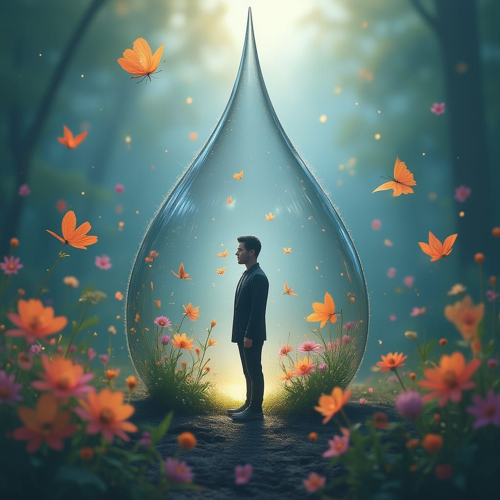 Surreal Water Droplet with Silhouette and Blooming Life