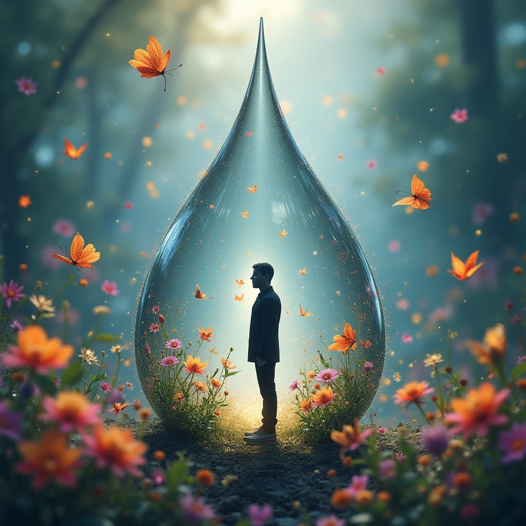 Crystal Droplet with Silhouette: Vibrant Life and Growth