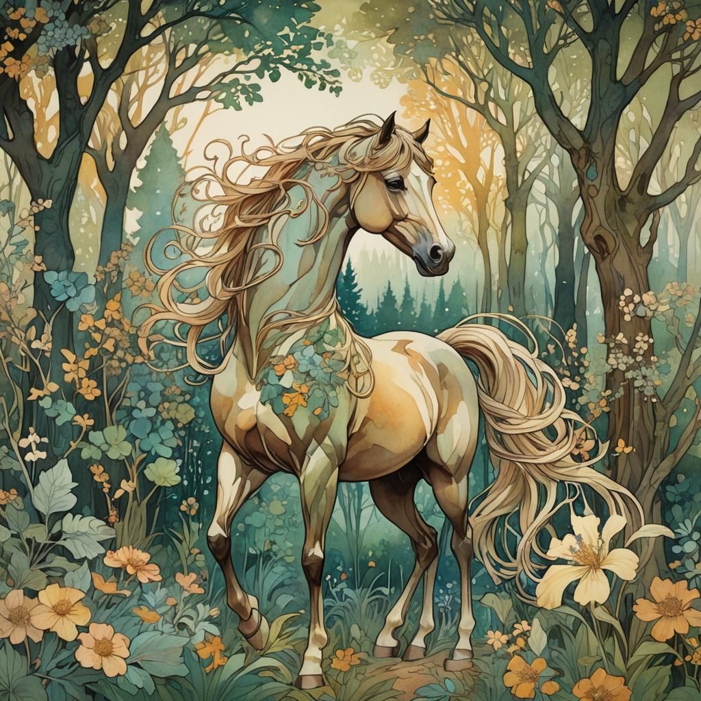 Alphonse Mucha Watercolour Horse