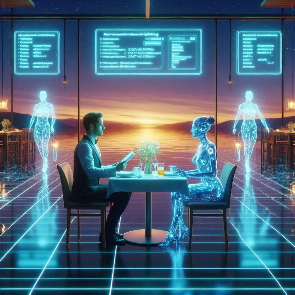 she: 'why this restaurant?' / he: 'water, sunset..' / she: '...