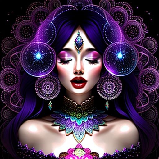  Surrealism. Close up. Woman screaming with bubbles and eyes. Head and shoulders portrait. Vibrant digital art. Glowing iridescent bubbles. ...