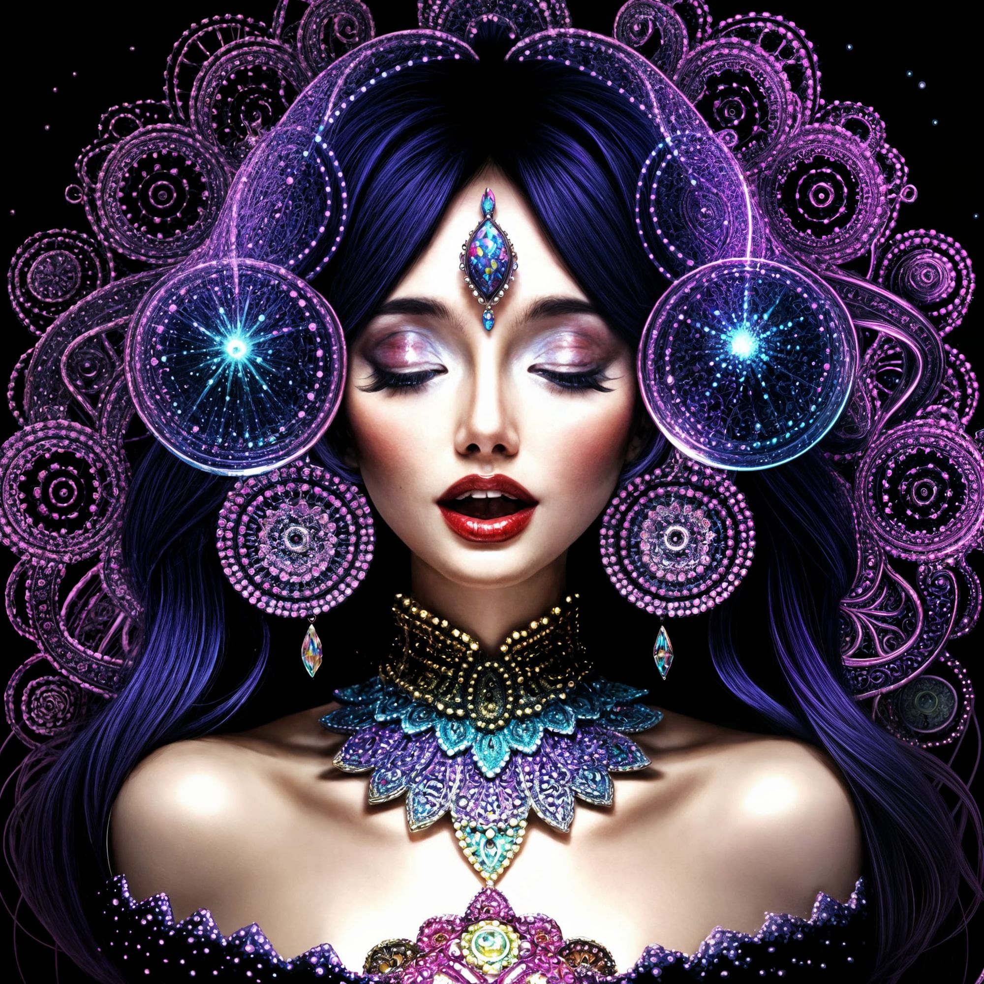 Weird Magical Realism and extream Surrealism. Close up. Woman screaming with bubbles and eyes. Head and shoulders portrait. Vibrant digital ...