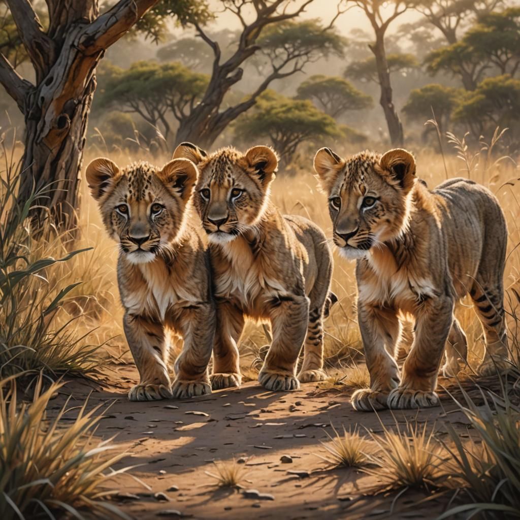 Lion Cubs Play in Golden Savannah Light