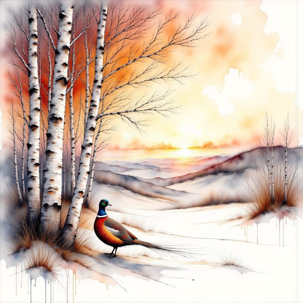<lora:Watercolor Wash Fade:1.0> Left align Watercolor wash minimalist 

A grove of knotty white birch trees in autumn snow with a male pheas...