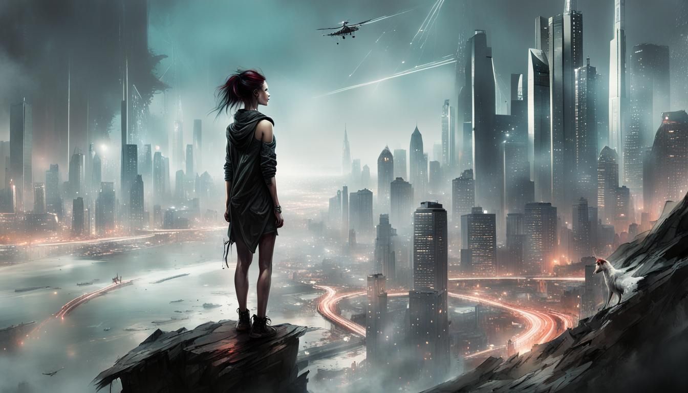Young woman stands on a cliff overlooking a futuristic city, by Russ ...