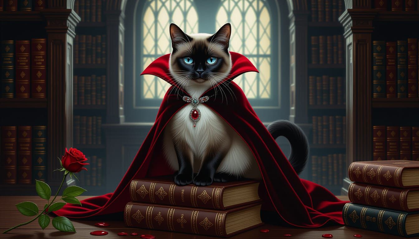 A sophisticated Siamese cat, meticulously dressed as a glamorous vampire, complete with a tiny velvet cape and a jeweled pendant. It sits el...