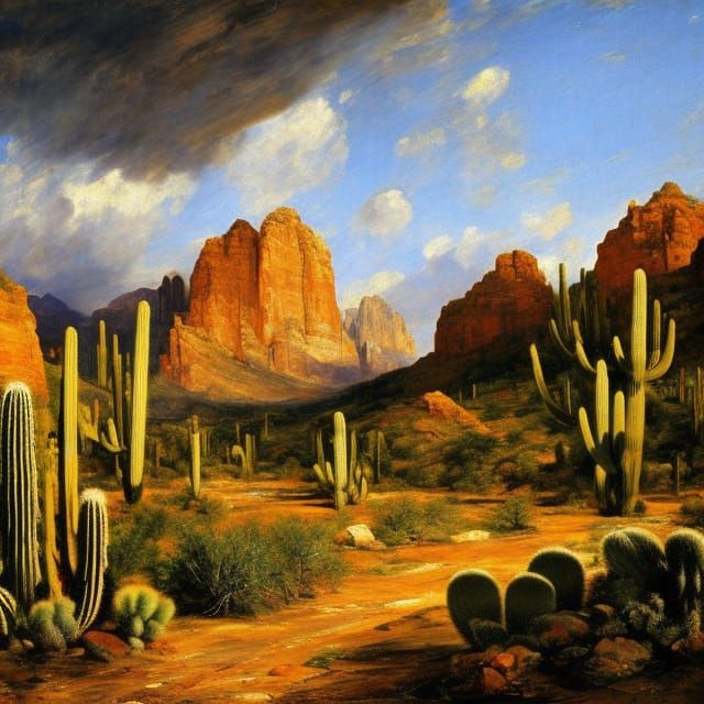 Red rock desert landscape with cacti.