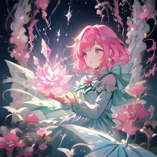 Princess With Pink Hair In Sparkling Glass Dress