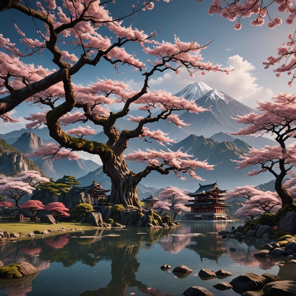 Ancient Sakura Tree by Lake: Fantasy Concept Art