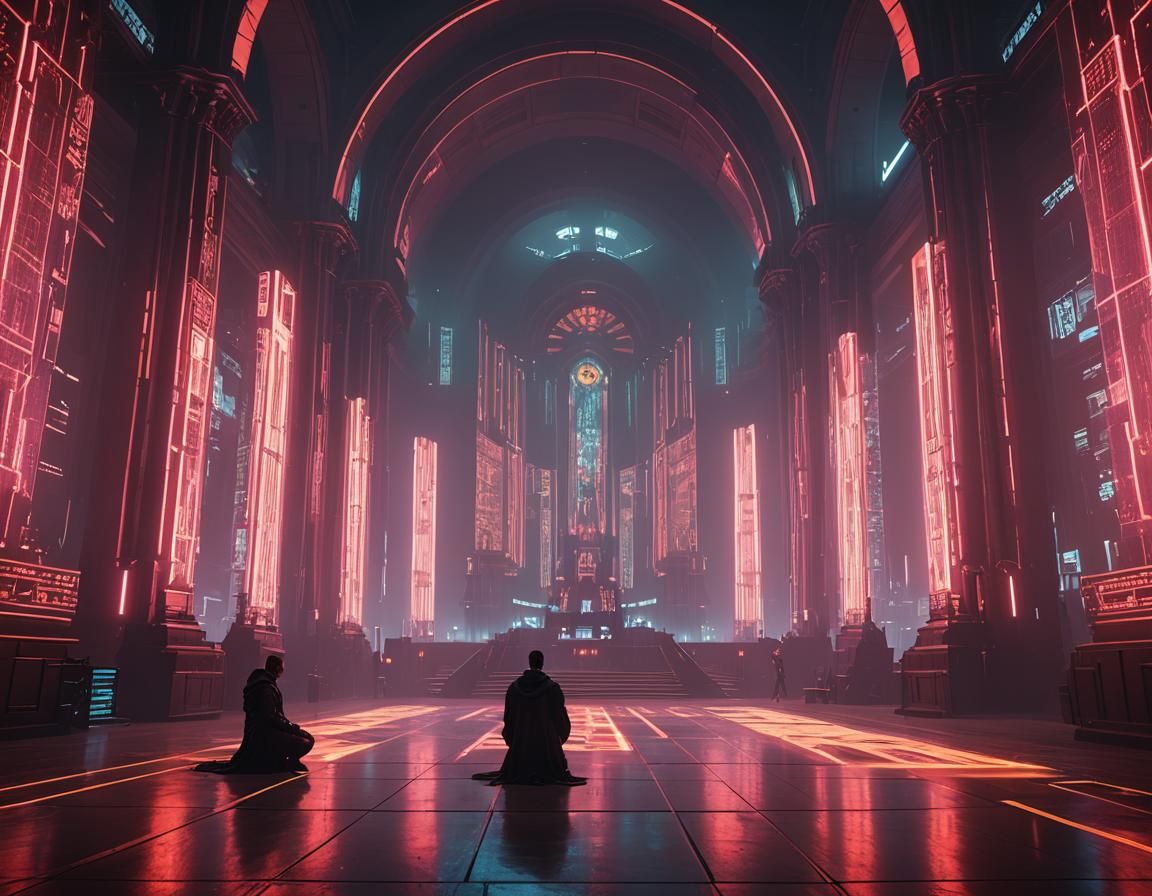 A grand cathedral where worshippers kneel before an altar ma...