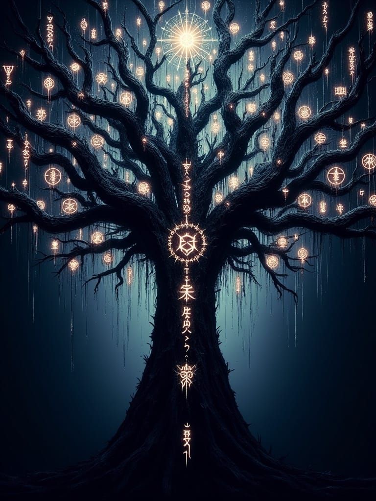 Glowing runes dark on yggdrasil tree, eye of sauron, cinematic fantasy, detailed <lora:Glowing runes flux:1.0> 