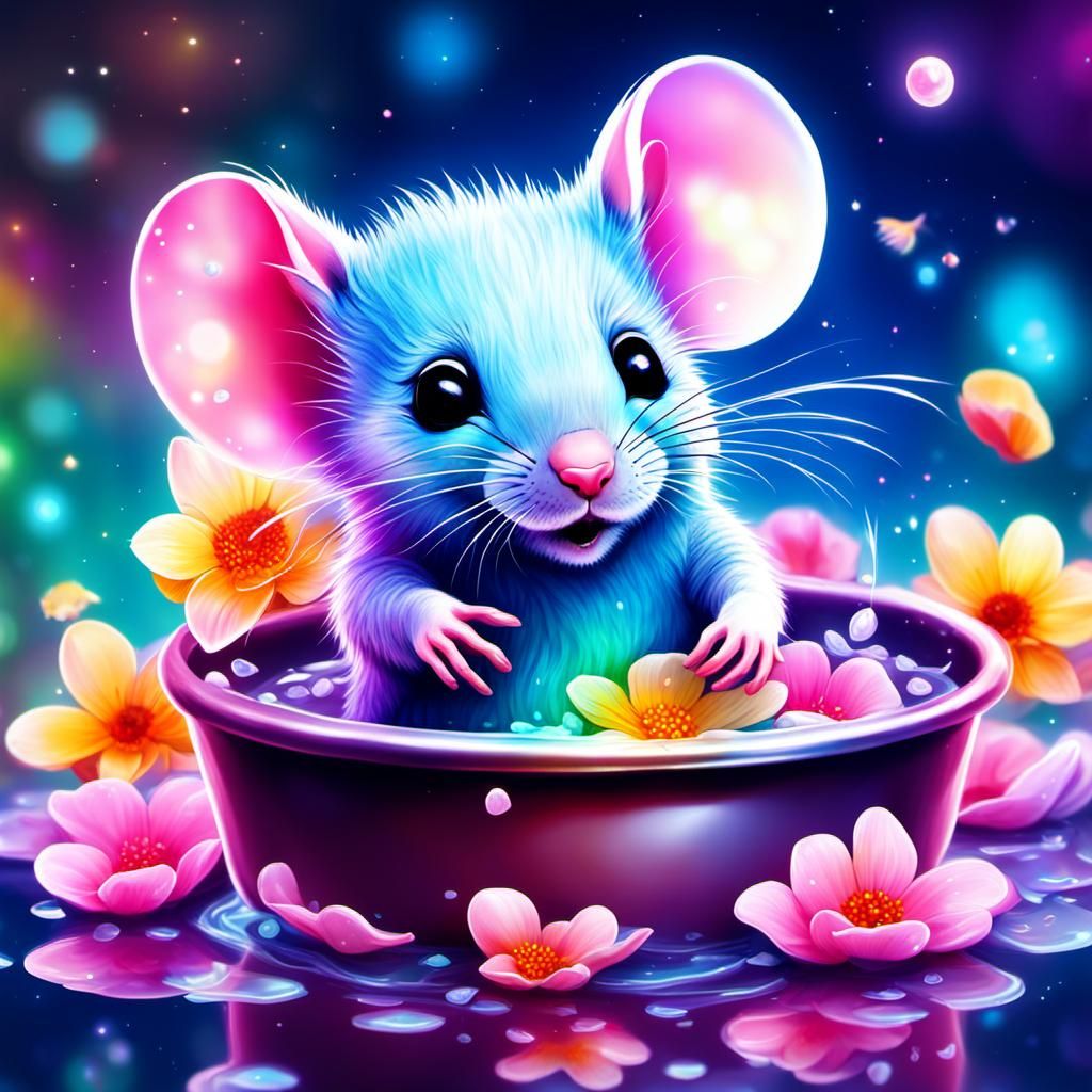 Cute baby mouse taking a bath