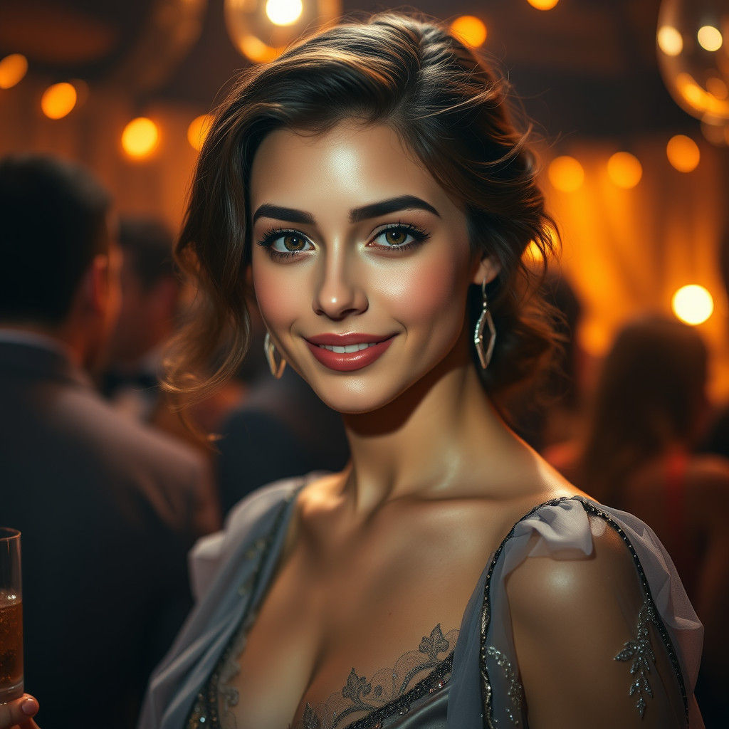Radiant Woman with Tipsy Gaze in Dreamy Party Scene