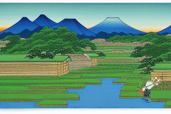 rice paddies by Hiroshige and studio ghibli